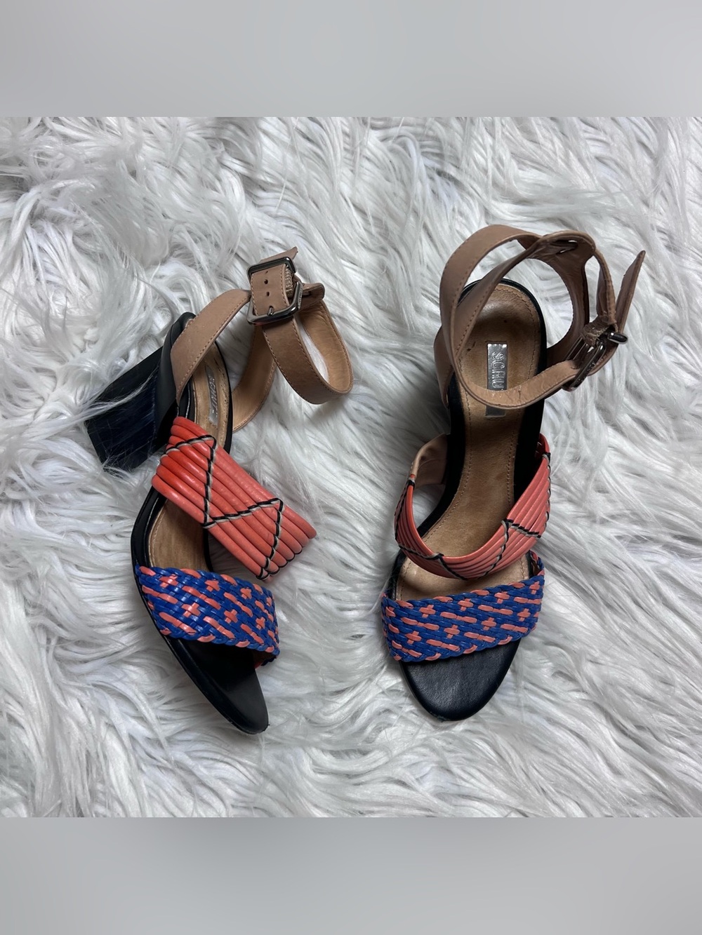 SCHUTZ Coral, Blue & Tan leather Strappy Block Heel Sandals
